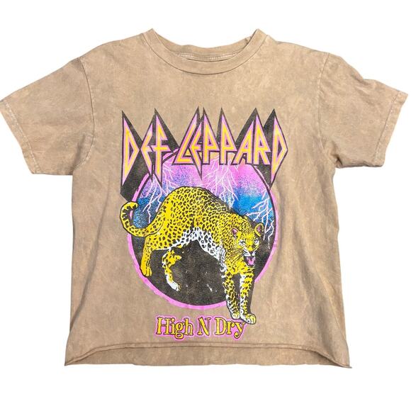 Def Leppard High N Dry Cut Off Crop T-Shirt Size Small Tan Pink Grunge Leopard - Picture 2 of 7